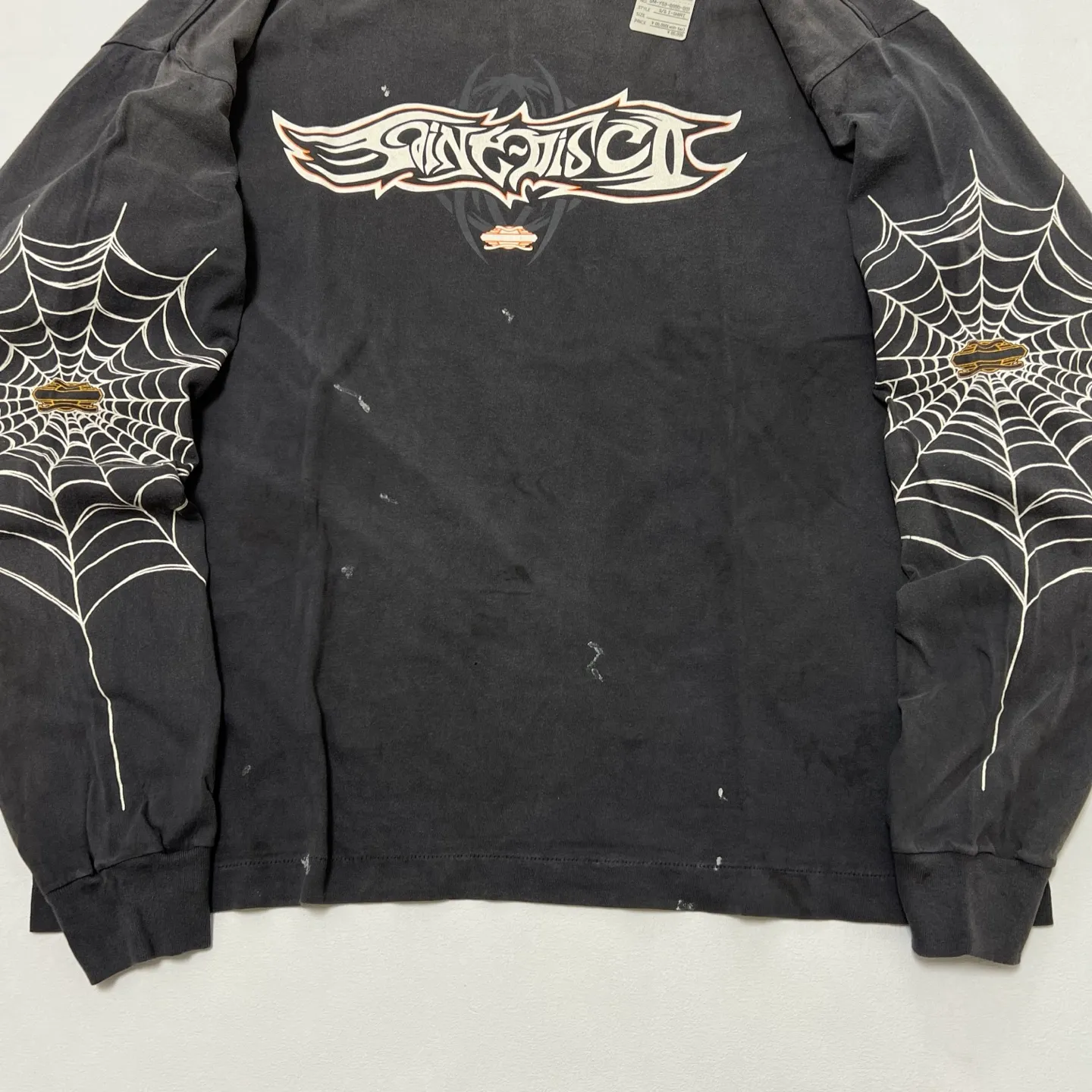 SAINT Mxxxxxx × TEFLON DISCO ML_LS TEE/INSANITY/BLK Spider Web INSANITY Distressed Long Sleeves Washed Black S-XL Ready-to-wear Assute dyeing Maliu water spray fading treatment Customized TEFLON DISCO co-branded accessories Hand-splashed ink Wormhole fraying treatment Authentic level printing process